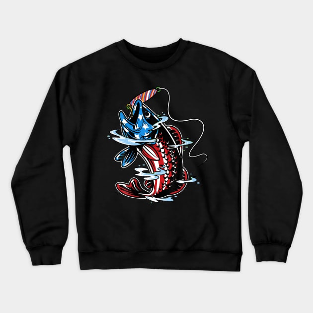 Bass Fishing American Flag Fish Funny Fathers Day  Men Crewneck Sweatshirt by Danielss